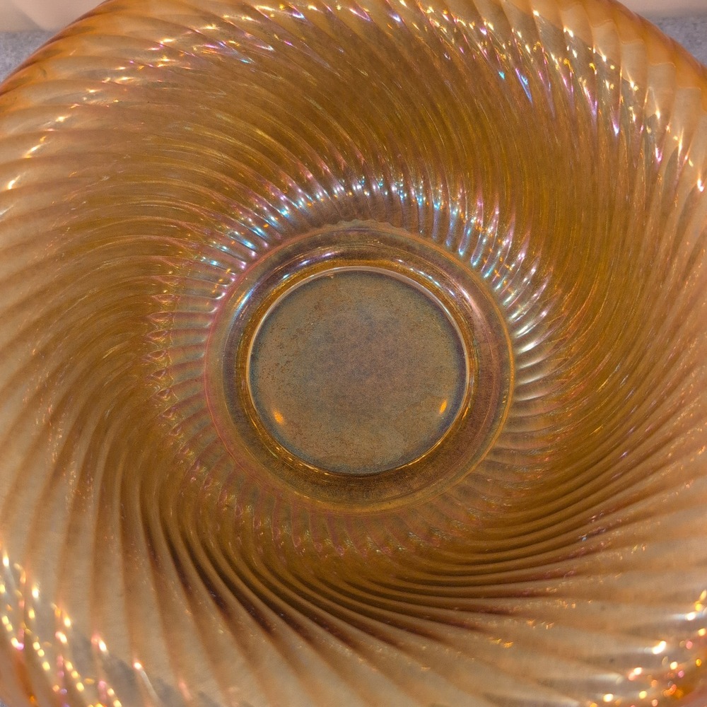 Vintage Marigold Iridescent Carnival Glass Swirl Ribbed Decorative Bowl - Picture 3 of 8